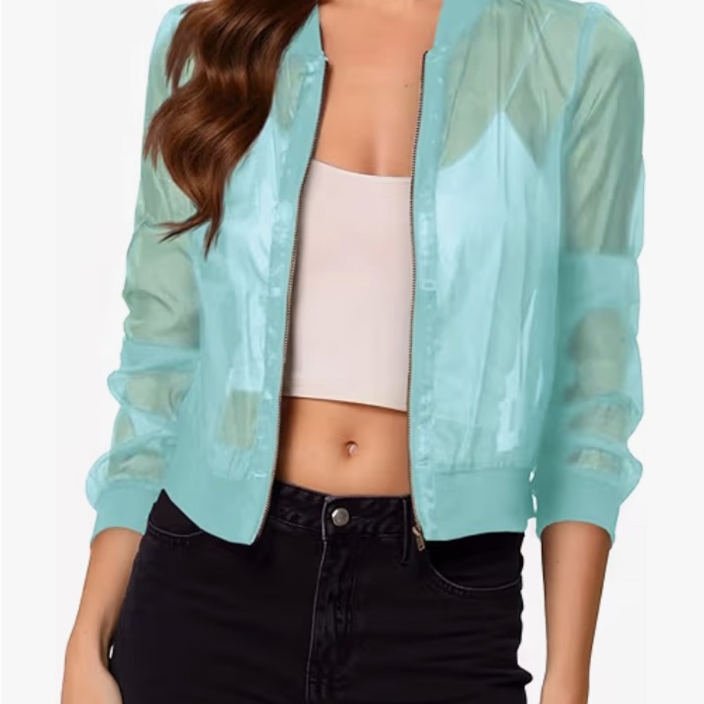 Light Blue Sheer Bomber Jacket - Women